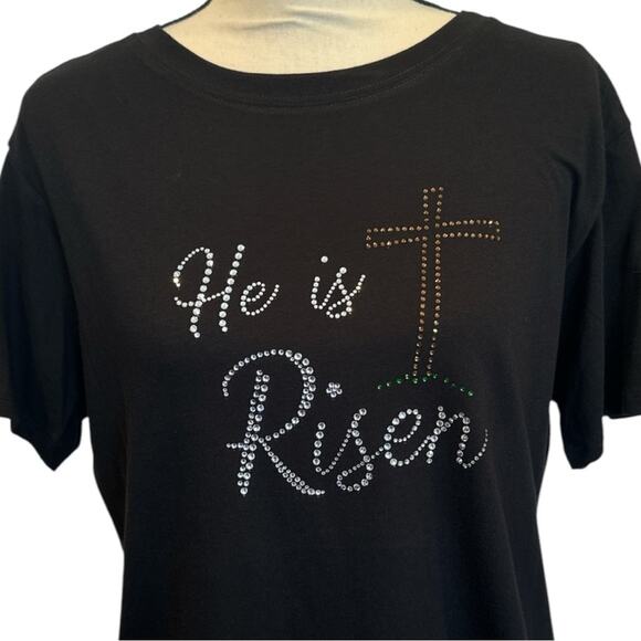 Rhinestone Easter Cross He Is Risen T-Shirt Short Sleeve Black Tee NEW Sparkly! - Picture 1 of 4